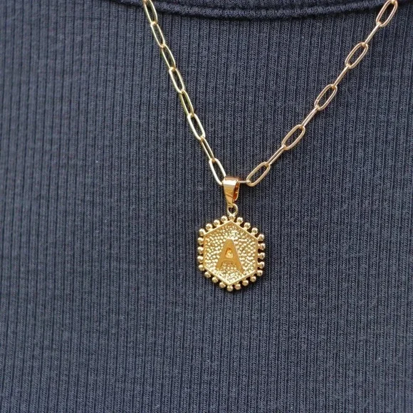▶ 2 LAYER GOLD LETTER INITIAL COIN HEXAGONAL PENDANTDAINTY NECKLACE, ELDM22335